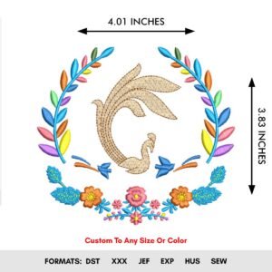 Peacock Monogram Colorful Frame Machine Embroidery Pattern