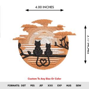 Love Cat Couple Machine Embroidery Sunset Pattern