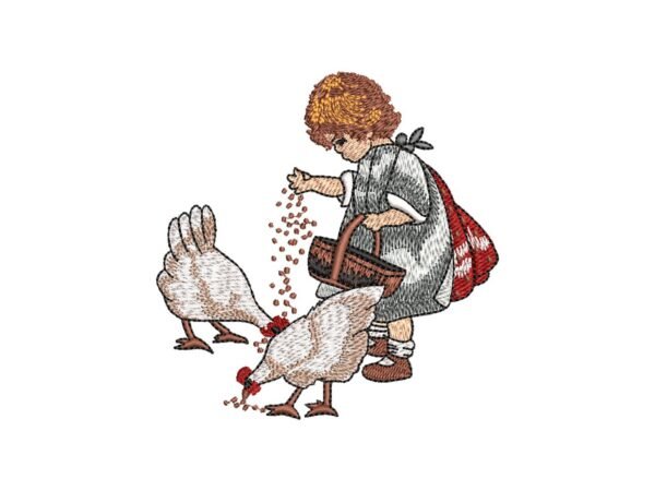 Little Girls and Farm Hens Embroidery Pattern