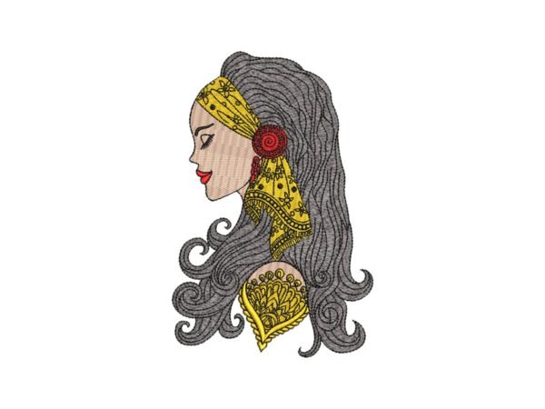 Tribal Lady With Long Curly Hair Embroidery Pattern